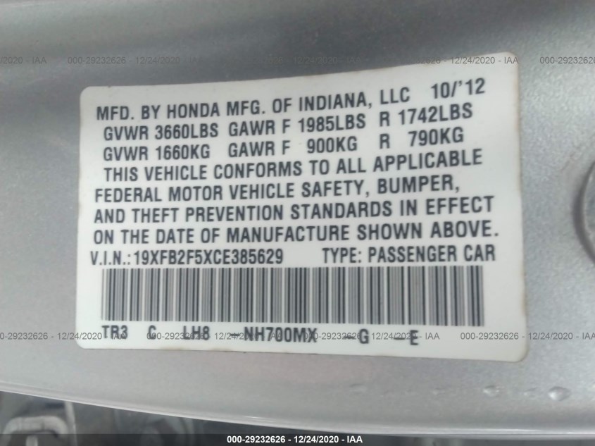 HONDA CIVIC SDN 19XFB2F5XCE385629