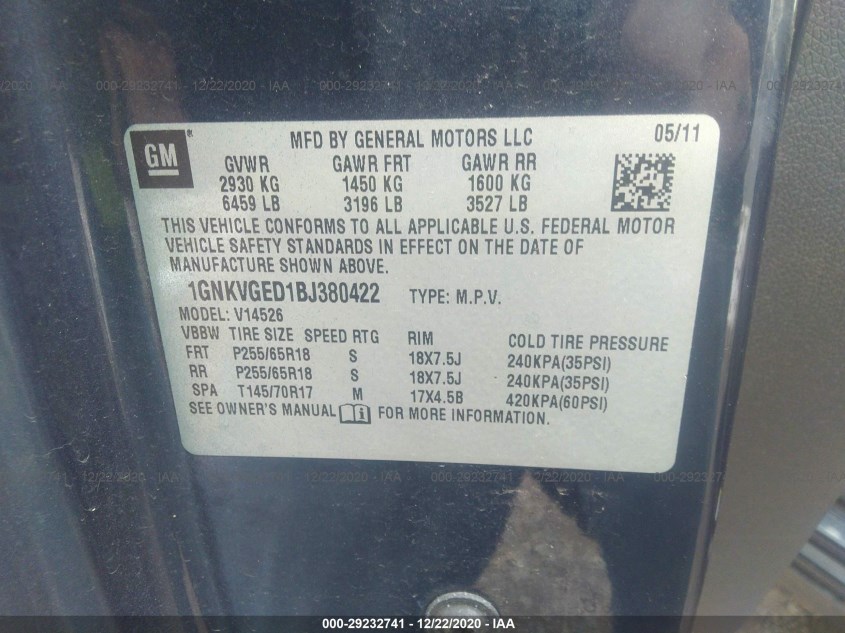 CHEVROLET TRAVERSE 1GNKVGED1BJ380422
