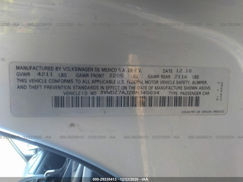 VOLKSWAGEN JETTA SEDAN 3VWDZ7AJ2BM345034