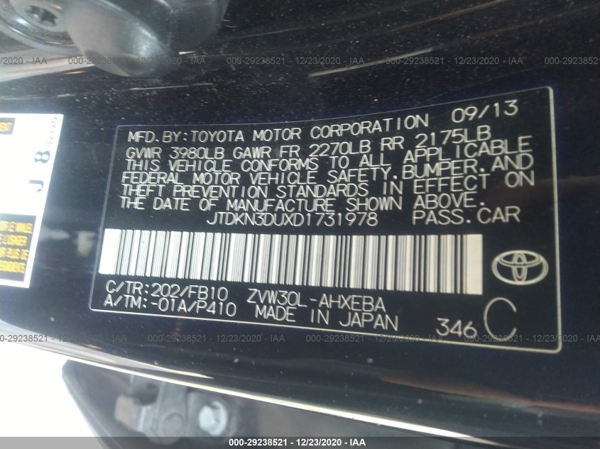 TOYOTA PRIUS JTDKN3DUXD1731978