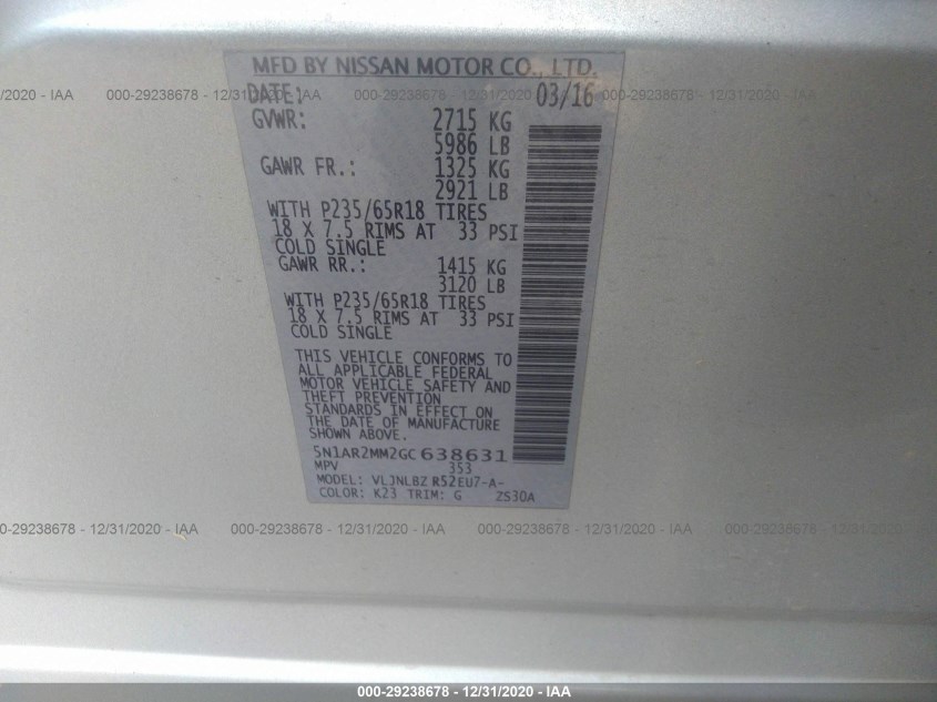 NISSAN PATHFINDER 5N1AR2MM2GC638631