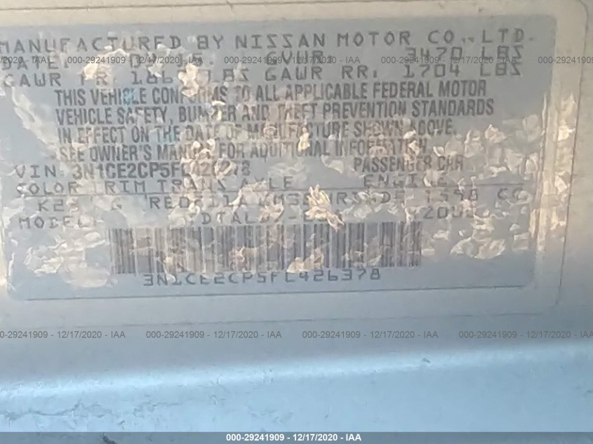 NISSAN VERSA NOTE 3N1CE2CP5FL426378