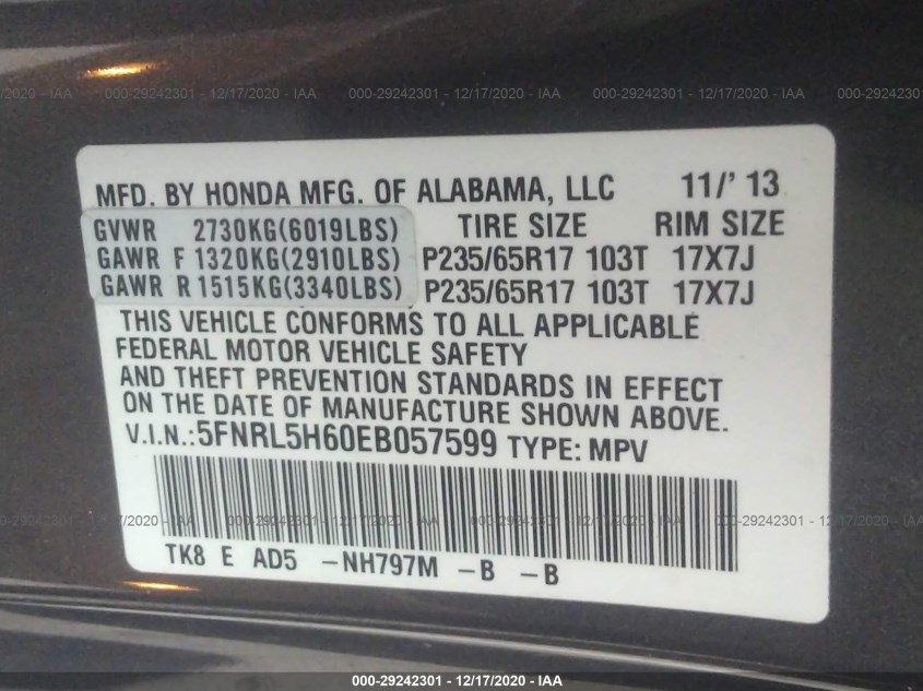 HONDA ODYSSEY 5FNRL5H60EB057599