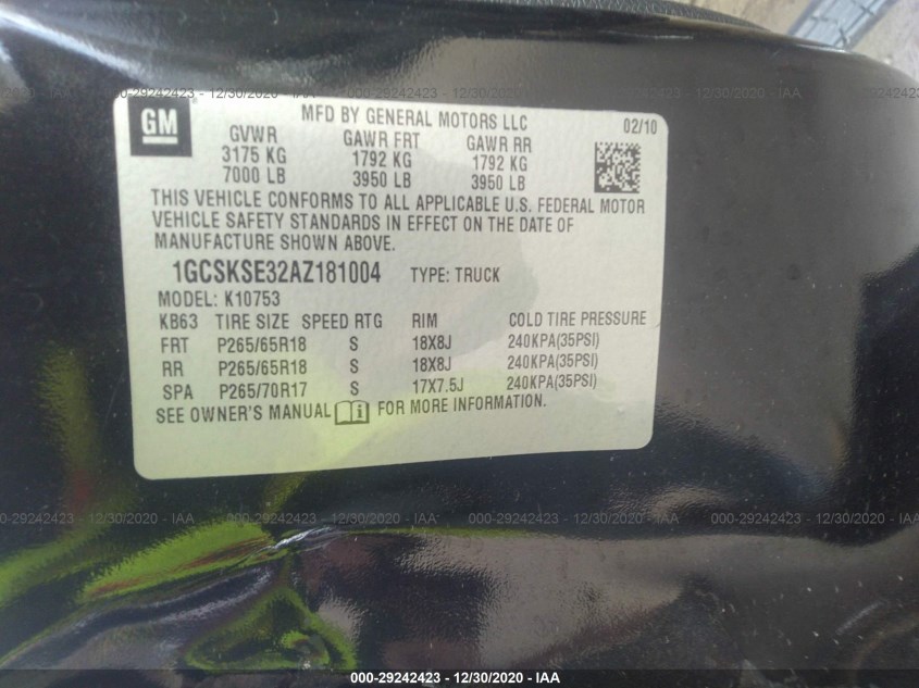 CHEVROLET SILVERADO 1500 1GCSKSE32AZ181004