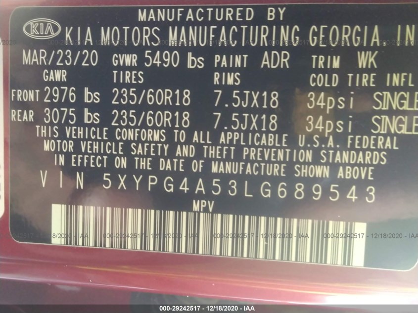 KIA SORENTO 5XYPG4A53LG689543