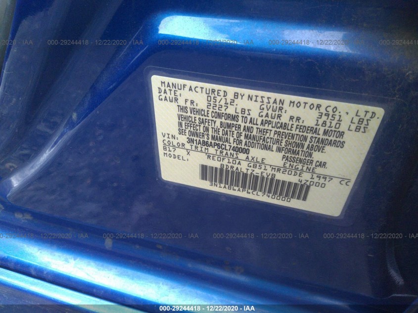 NISSAN SENTRA 3N1AB6AP6CL740000