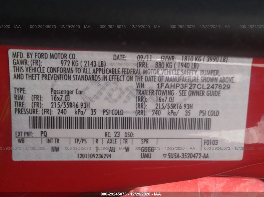 FORD FOCUS 1FAHP3F27CL247629
