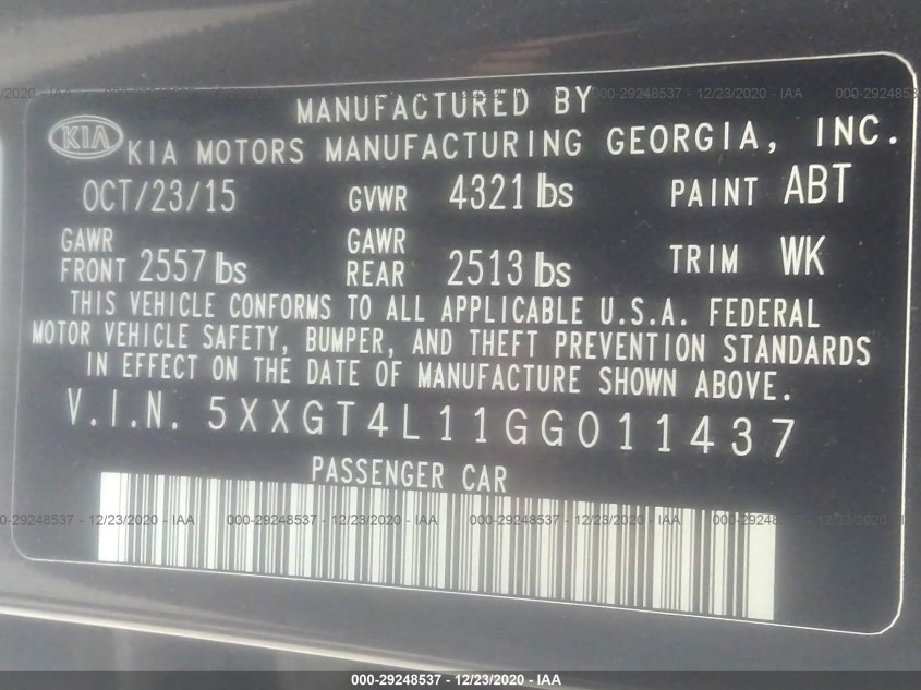 KIA OPTIMA 5XXGT4L11GG011437