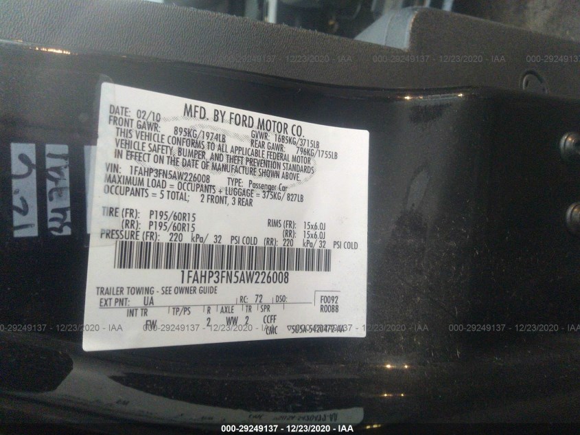FORD FOCUS 1FAHP3FN5AW226008