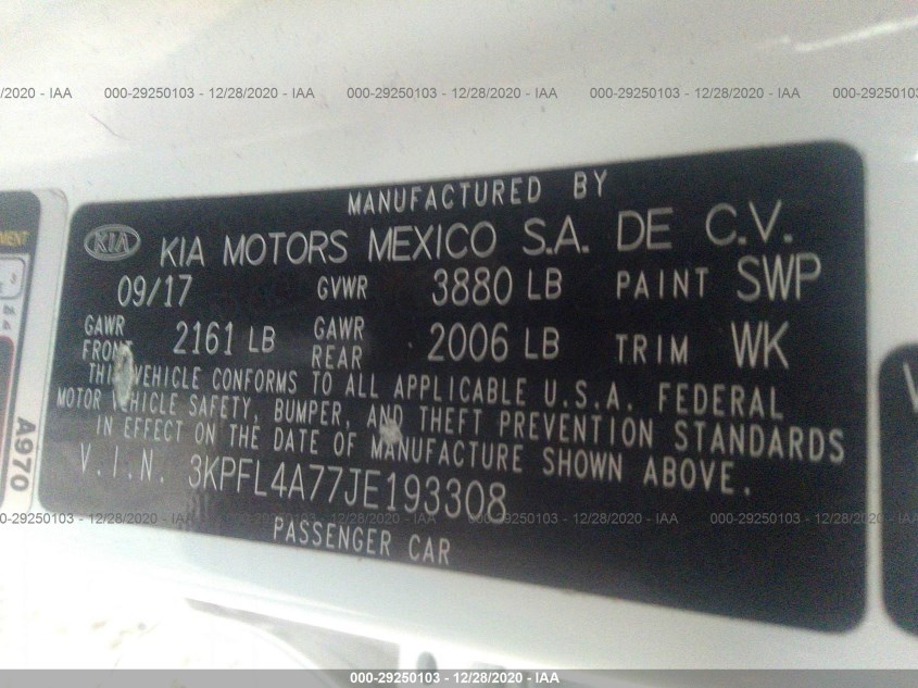 KIA FORTE 3KPFL4A77JE193308