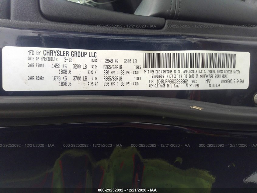 JEEP GRAND CHEROKEE 1C4RJFAG6CC268962