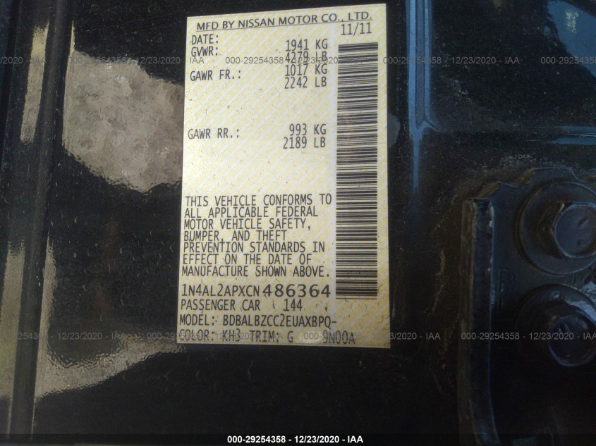 NISSAN ALTIMA 1N4AL2APXCN486364