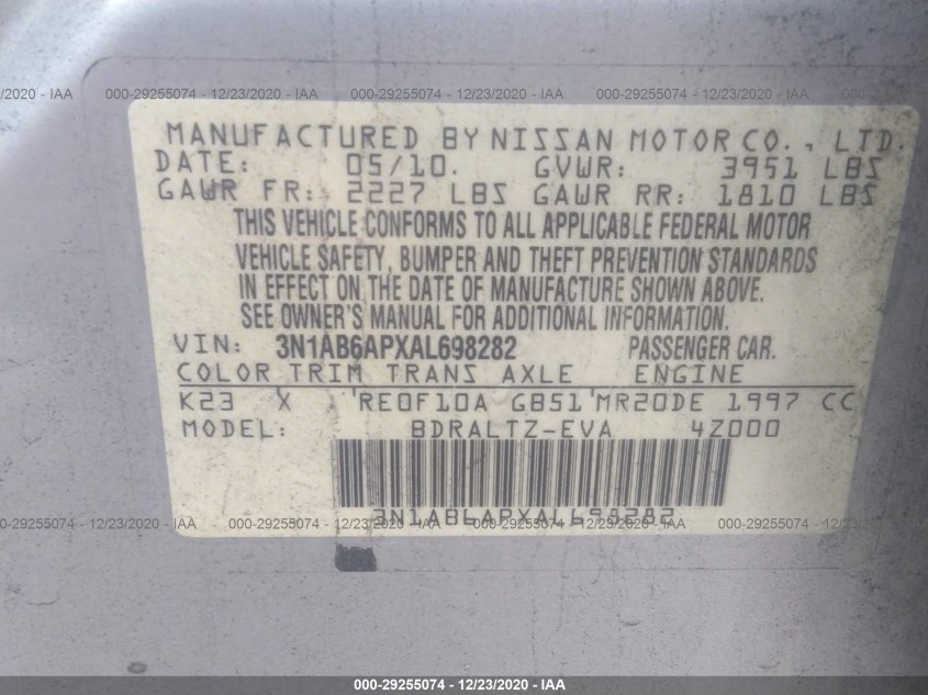 NISSAN SENTRA 3N1AB6APXAL698282