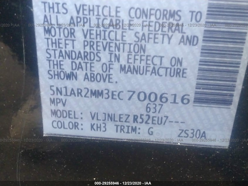 NISSAN PATHFINDER 5N1AR2MM3EC700616