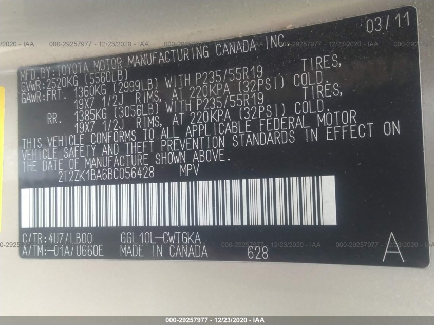 LEXUS RX 350 2T2ZK1BA6BC056428