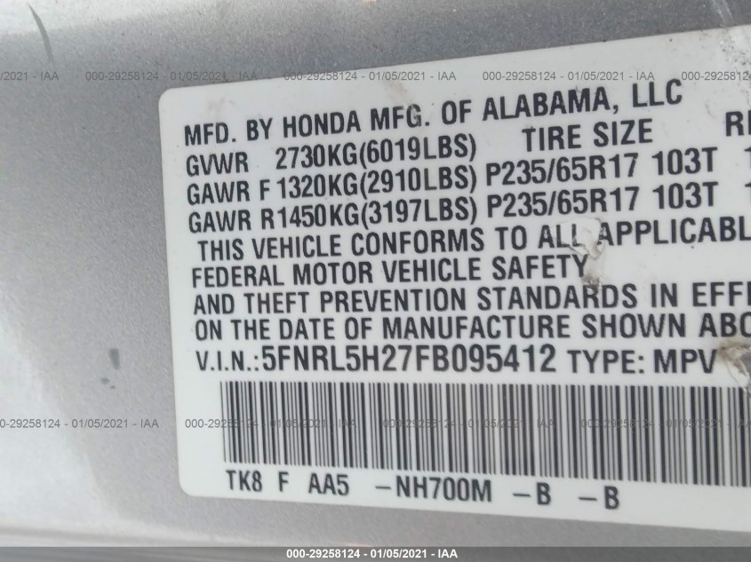 HONDA ODYSSEY 5FNRL5H27FB095412