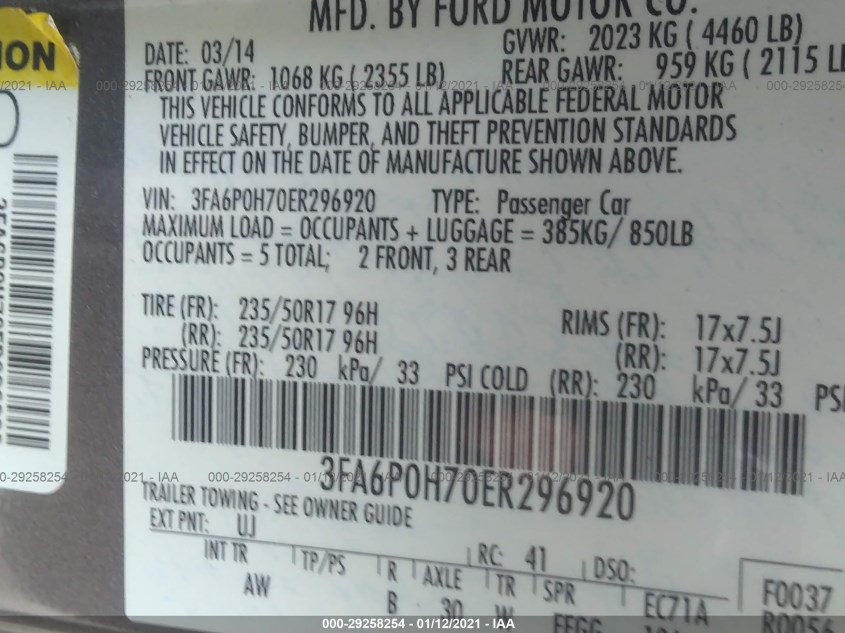 FORD FUSION 3FA6P0H70ER296920