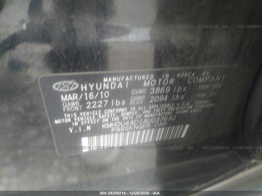 HYUNDAI ELANTRA KMHDU4AD1AU037692