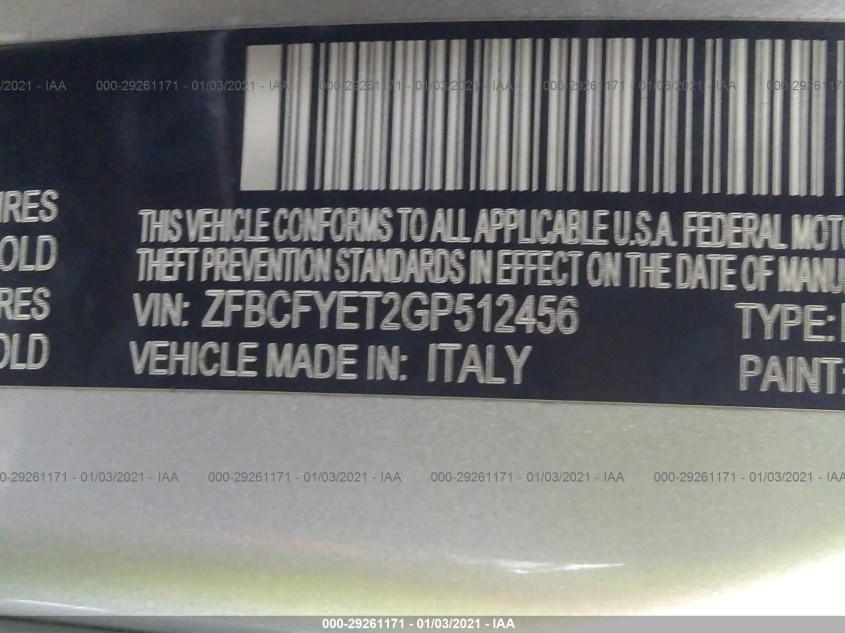 FIAT 500X ZFBCFYET2GP512456