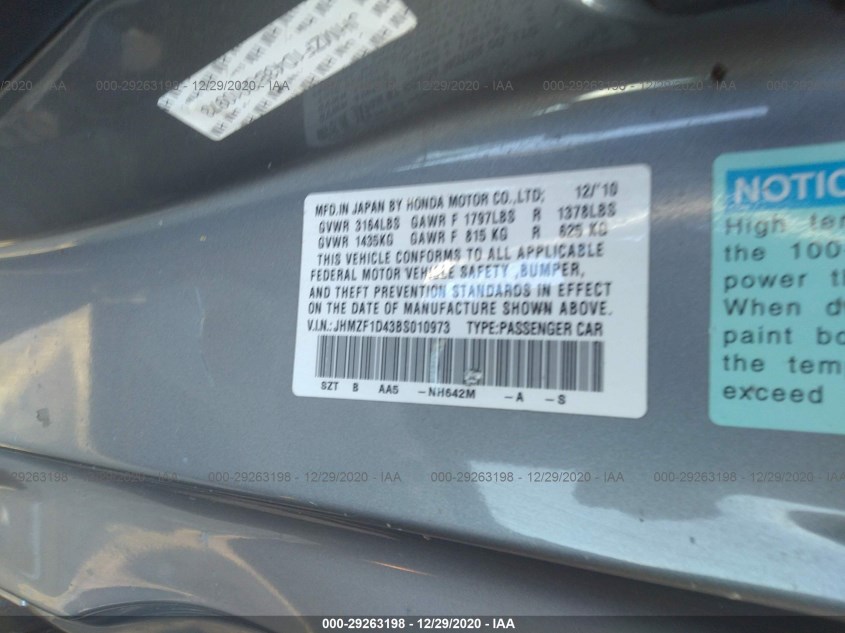 HONDA CR-Z JHMZF1D43BS010973