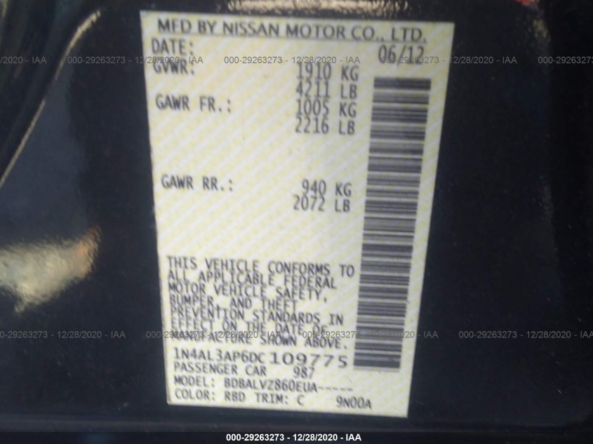 NISSAN ALTIMA 1N4AL3AP6DC109775