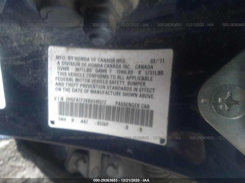HONDA CIVIC SDN 2HGFA1F3XBH549512