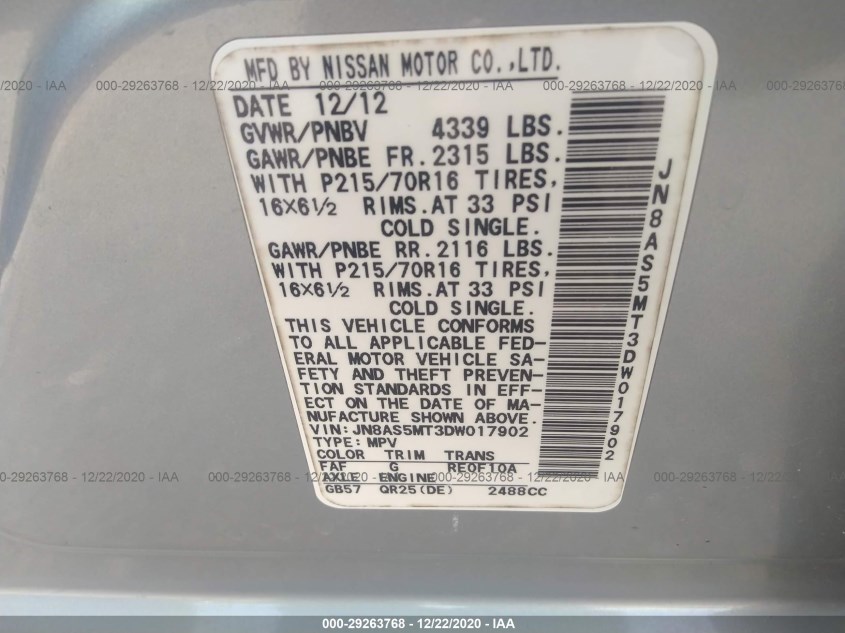 NISSAN ROGUE JN8AS5MT3DW017902