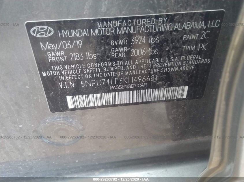 HYUNDAI ELANTRA 5NPD74LF3KH496681
