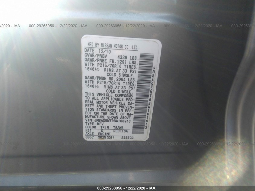 NISSAN ROGUE JN8AS5MT9BW166943