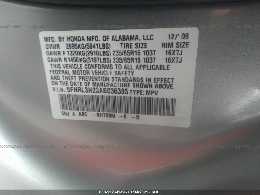 HONDA ODYSSEY 5FNRL3H23AB036385