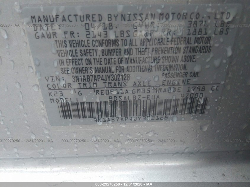 NISSAN SENTRA 3N1AB7AP4JY302128