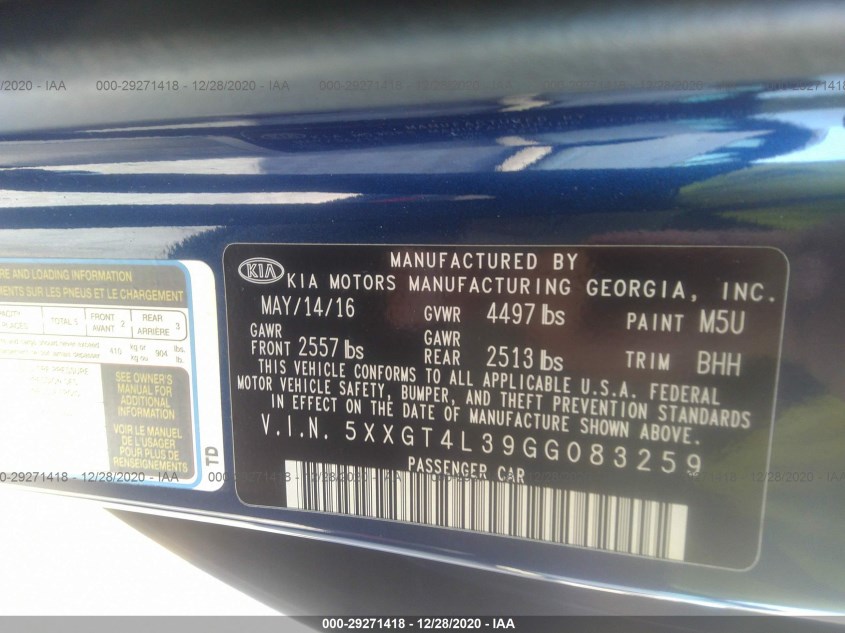 KIA OPTIMA 5XXGT4L39GG083259