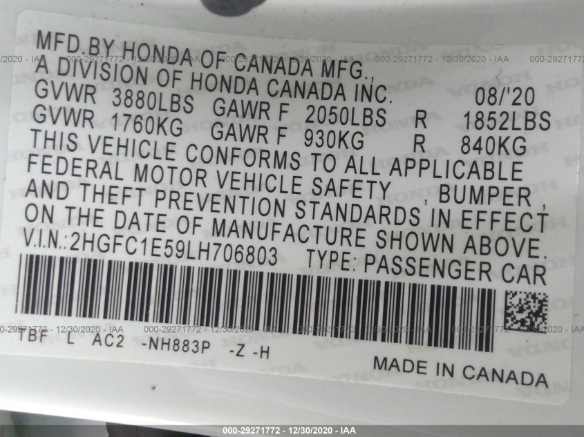 HONDA CIVIC SI SEDAN 2HGFC1E59LH706803