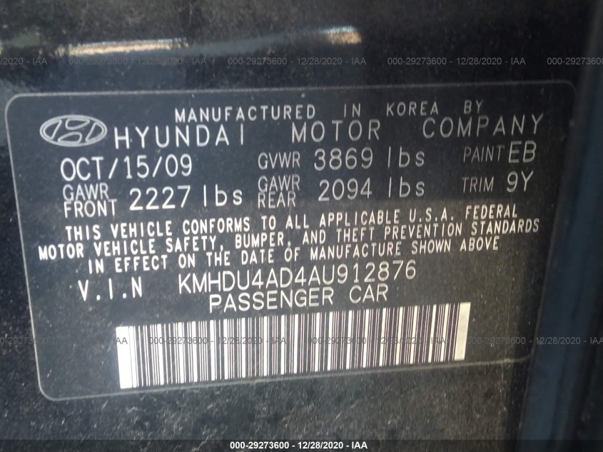 HYUNDAI ELANTRA KMHDU4AD4AU912876