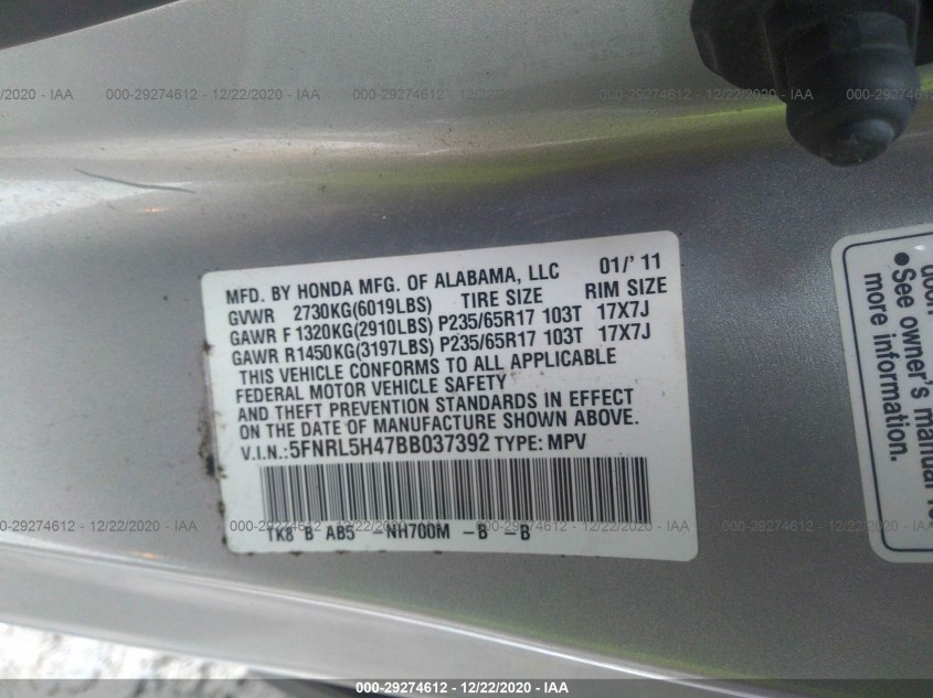 HONDA ODYSSEY 5FNRL5H47BB037392