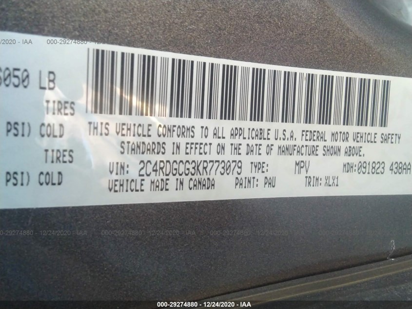DODGE GRAND CARAVAN 2C4RDGCG3KR773079