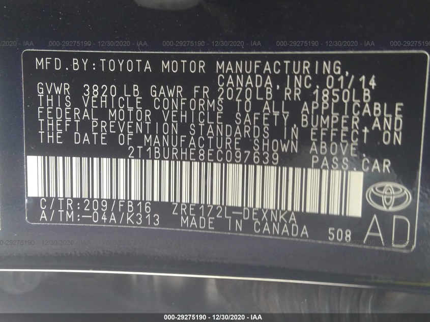 TOYOTA COROLLA 2T1BURHE8EC097639