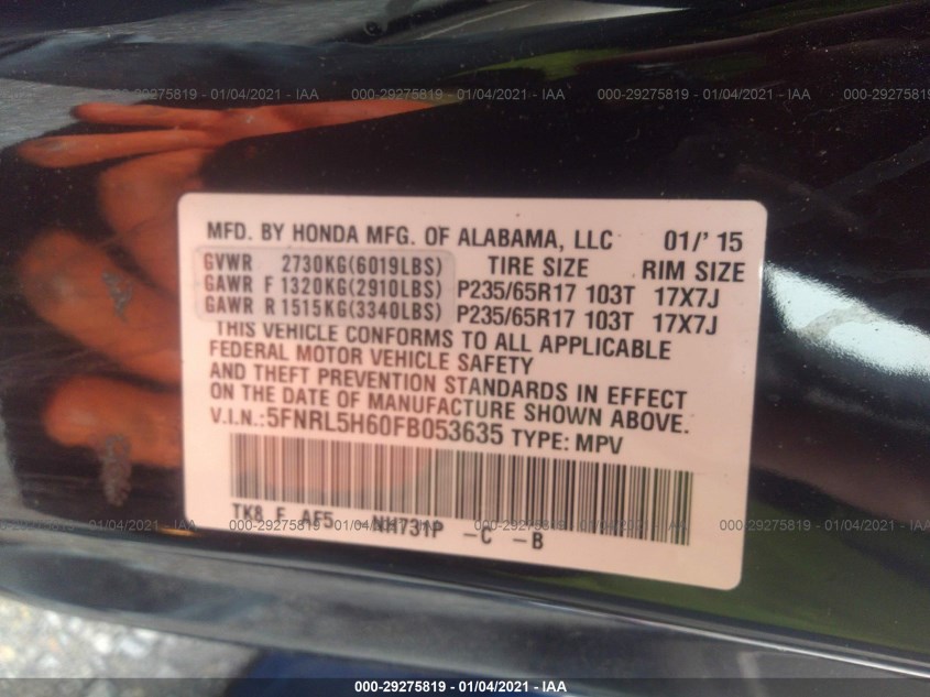HONDA ODYSSEY 5FNRL5H60FB053635