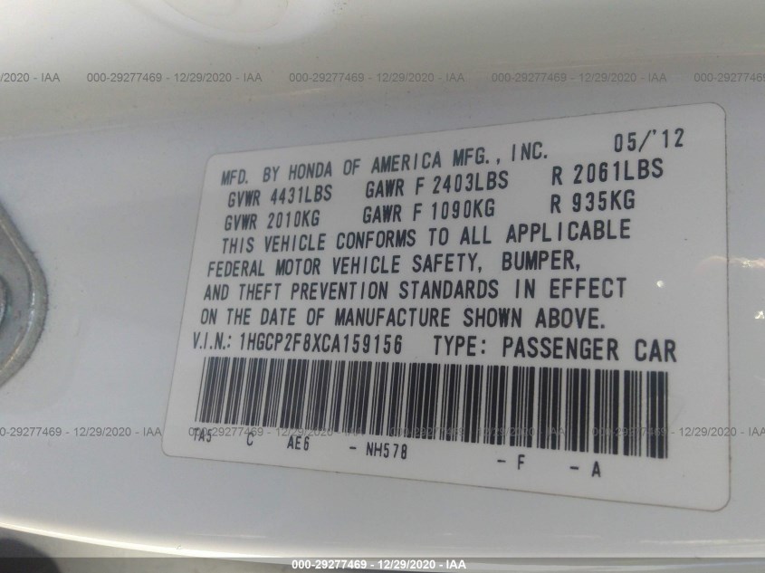 HONDA ACCORD SDN 1HGCP2F8XCA159156