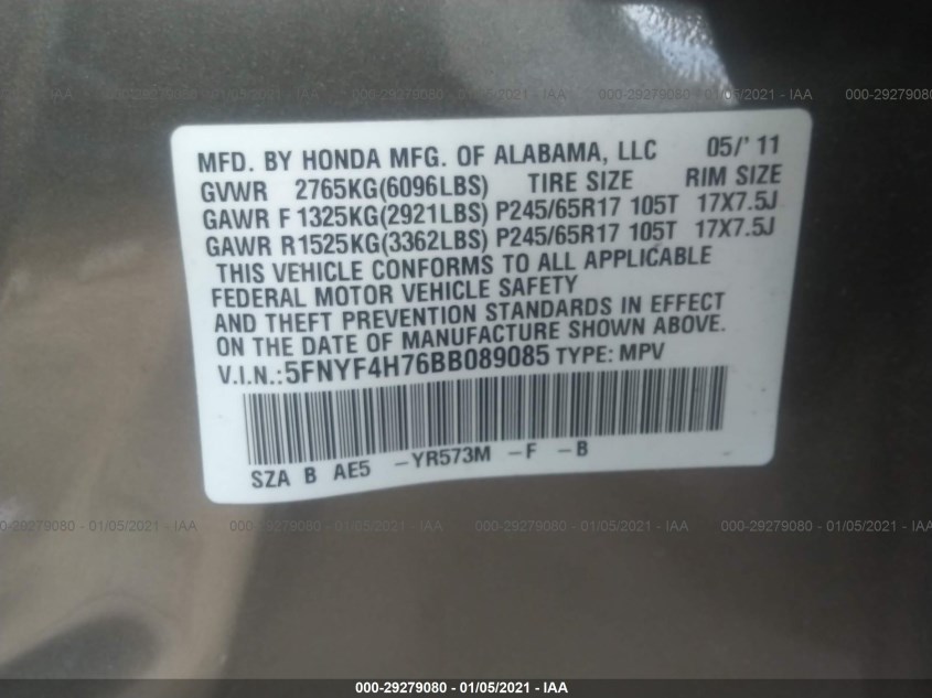 HONDA PILOT 5FNYF4H76BB089085