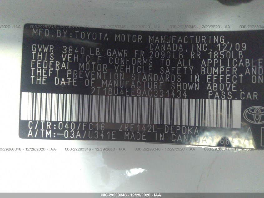 TOYOTA COROLLA 2T1BU4EE9AC331434