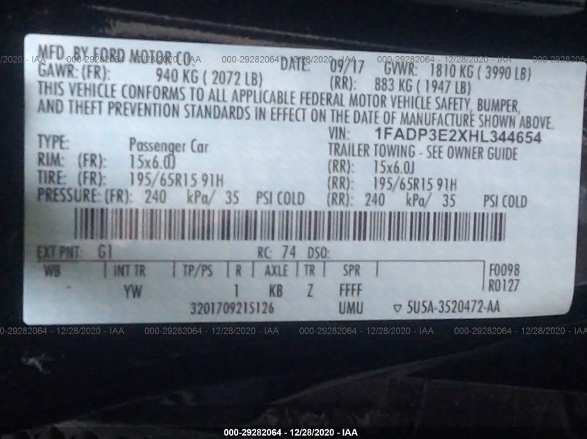 FORD FOCUS 1FADP3E2XHL344654