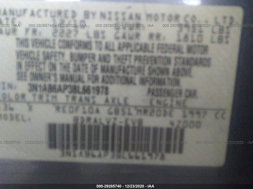 NISSAN SENTRA 3N1AB6AP3BL661978