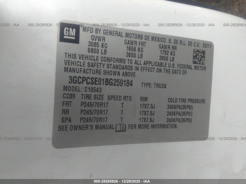 CHEVROLET SILVERADO 1500 3GCPCSE01BG259184