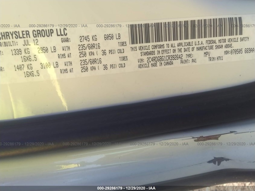 DODGE GRAND CARAVAN 2C4RDGBG1CR392642