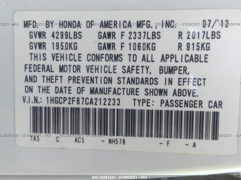HONDA ACCORD SDN 1HGCP2F67CA212233