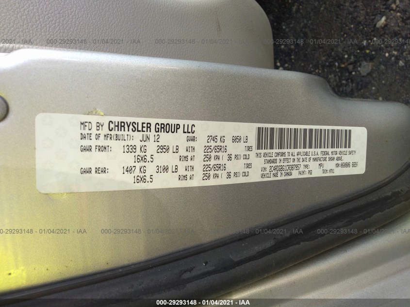 DODGE GRAND CARAVAN 2C4RDGBG1CR387957