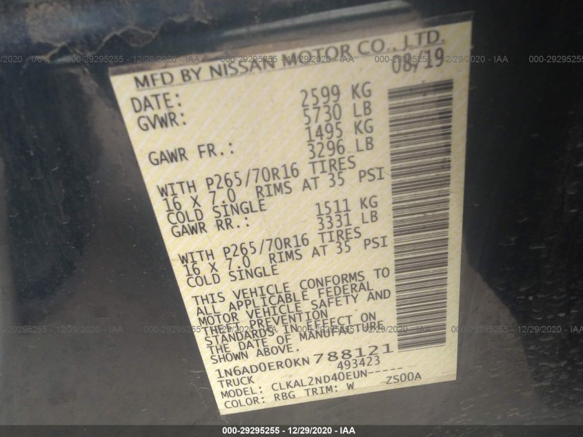 NISSAN FRONTIER 1N6AD0ER0KN788121