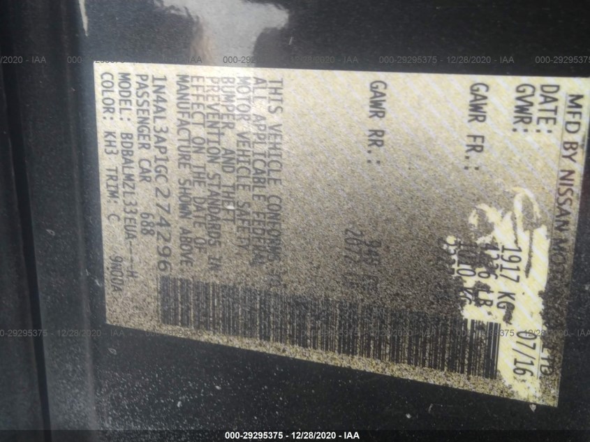 NISSAN ALTIMA 1N4AL3AP1GC274296