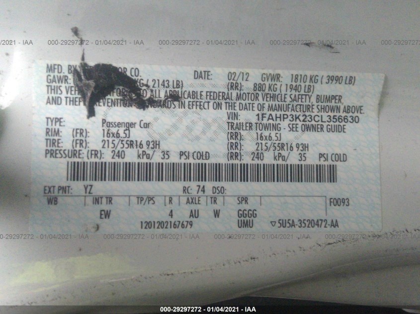 FORD FOCUS 1FAHP3K23CL356630